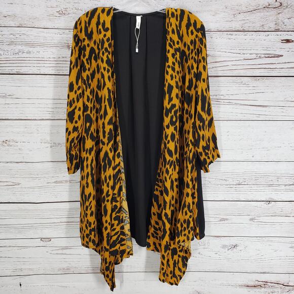 Glam Black Leopard Print Contrast Roll Tab Open Cardigan Size Medium - Picture 1 of 15